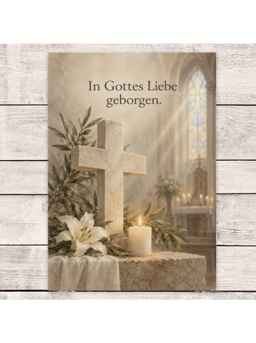 Beileidskarte Kreuz würdevoll Design mit Spruch in Weiß