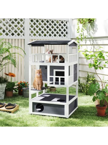 Pawhut Katzenhaus Grau+Weiß Tannenholz