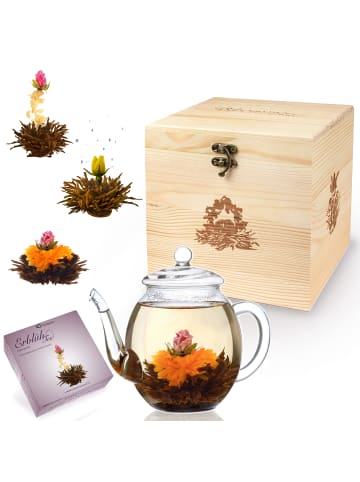 Creano 8tlg. Set: Holz-Deko-Box + 6x ErblühTee Schwarzer Tee + Teekanne 500ml