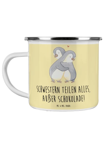 Mr. & Mrs. Panda Camping Emaille Tasse Schwestern Liebe mit Spruch in Gelb Pastell