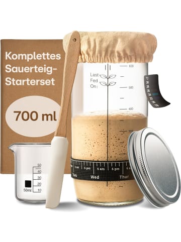 Praknu Sauerteig Starter Set aus Glas (700 ml) Komplett-Set mit Anleitung