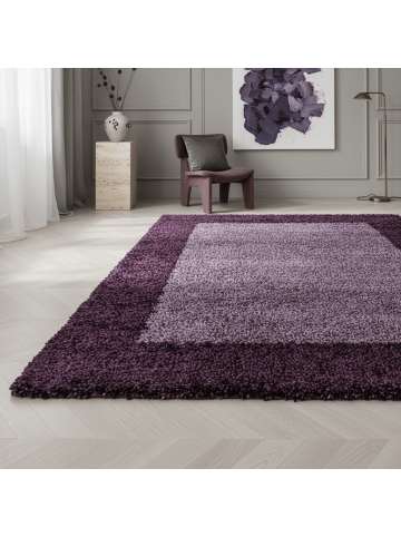 KADIMA DESIGN Teppich Hochflor Shaggy Waschbar Bordüre RHEIN Strapazierfähig in Violett