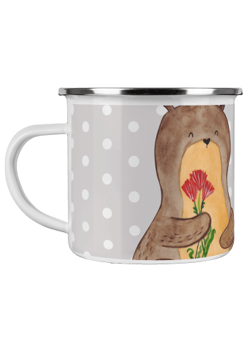 Mr. & Mrs. Panda Emaille Tasse Otter Blumenstrauß mit Spruch in Grau Pastell