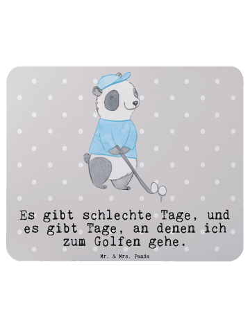 Mr. & Mrs. Panda Mauspad Panda Golfen mit Spruch in Grau Pastell