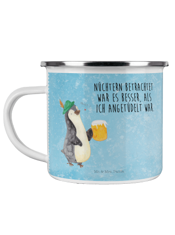 Mr. & Mrs. Panda Camping Emaille Tasse Pinguin Bier mit Spruch in Eisblau