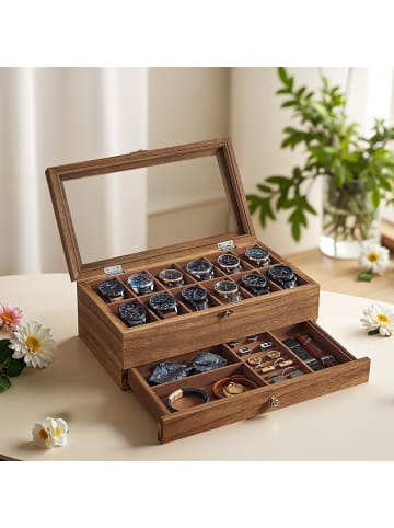 SONGMICS Uhrenbox Anicia in Walnuss - (B)34 x (H)12.5 x (T)19 cm