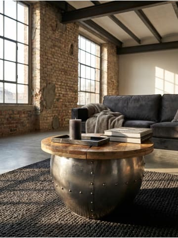 KADIMA DESIGN Couchtisch SERCHIO, rund, Industrial-Stil, Massivholz/Metall, Stauraum
