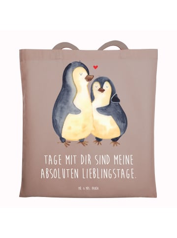 Mr. & Mrs. Panda Jutebeutel Pinguin umarmen mit Spruch in Braun Pastell