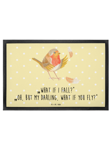 Mr. & Mrs. Panda Fußabtreter Rotkehlchen Federn mit Spruch in Gelb Pastell