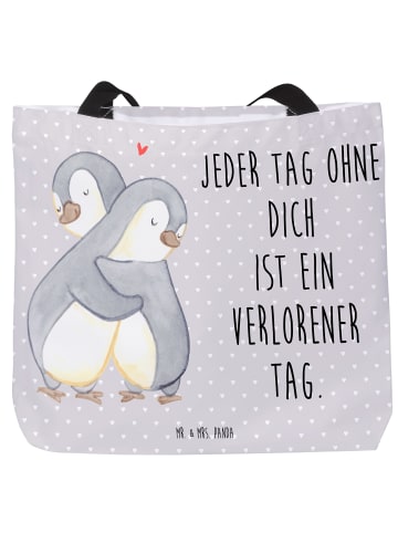 Mr. & Mrs. Panda Einkaufstasche Pinguine Kuscheln mit Spruch in Grau Pastell