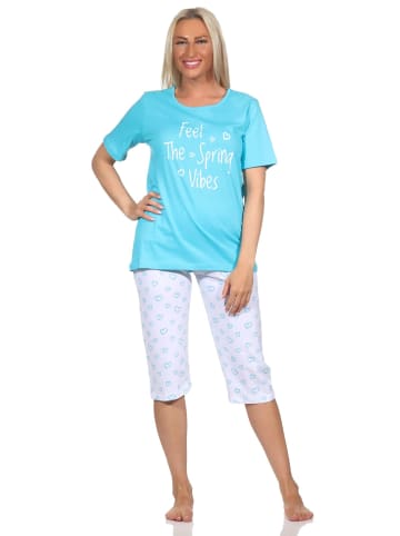 NORMANN Schlafanzug kurzarm Capri Pyjama Pyjamahose Herz print in hellblau