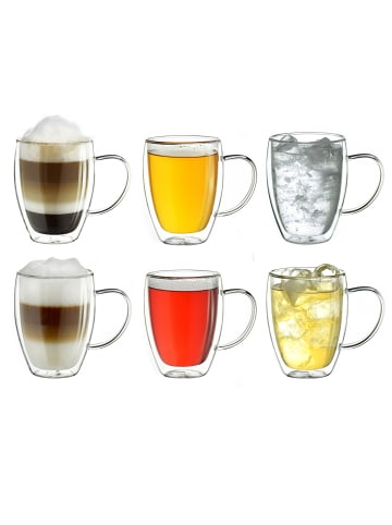 Creano 6er Set doppelwandige Thermobecher mit Henkel 250ml (320ml randvoll) h-hoch Glas