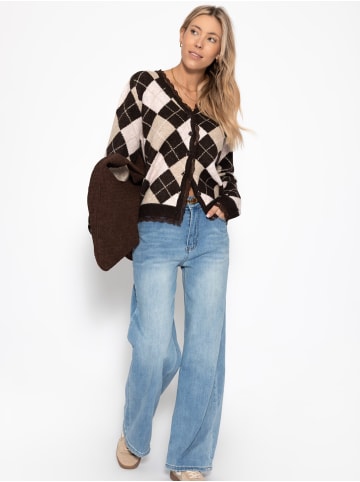 SASSYCLASSY Strickjacke mit Rautenmuster und Spitzenborte in Braun