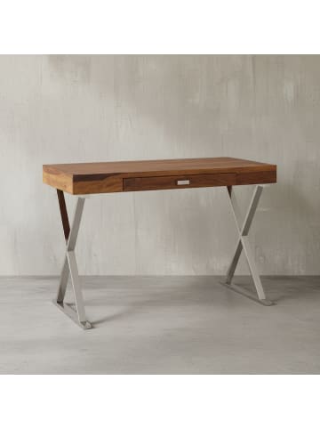 KADIMA DESIGN Schreibtisch | Sheesham/Chrom, 120x55x78cm, Schublade in Silber