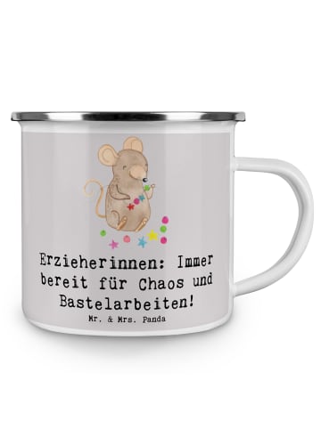 Mr. & Mrs. Panda Camping Emaille Tasse Erzieherin Chaos mit Spruch in Grau Pastell