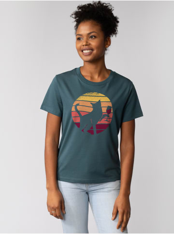 wat? Apparel T-Shirt Sunset Katze & Rotwein in Petrol