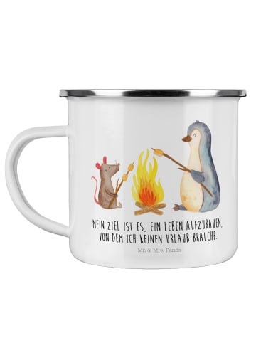 Mr. & Mrs. Panda Camping Tasse Pinguin Lagerfeuer mit Spruch in Weiß