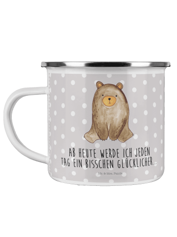 Mr. & Mrs. Panda Emaille Tasse Bär sitzend mit Spruch in Grau Pastell