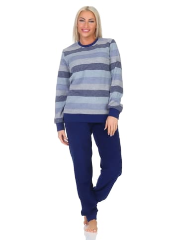NORMANN Frottee Schlafanzug langarm Bündchen Streifenoptik - 87186 in blau