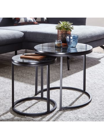 KADIMA DESIGN Design Beistelltisch 2er Set Marmor Optik Rund, Couchtisch in Schwarz