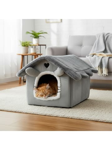 relaxdays Katzenhöhle "Haus" in Grau - (B)45 x (H)38 x (T)50 cm