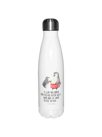 Mr. & Mrs. Panda Edelstahl Trinkflasche Pinguin mit Kind mit Spruch in Weiß