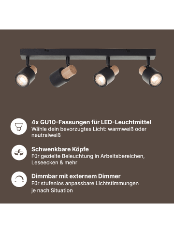 Brilliant Pini LED-Spotbalken, 4-flammig, Schwarz/Holz hell, dimmbar, schwenkbar