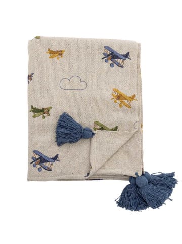 Bloomingville Decke PLANE Natur mit Flugzeugen und Blauen Quasten 160x130 cm