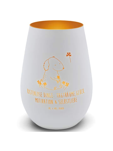 Mr. & Mrs. Panda Windlicht Glas Hund Kleeblatt mit Spruch in Weiß