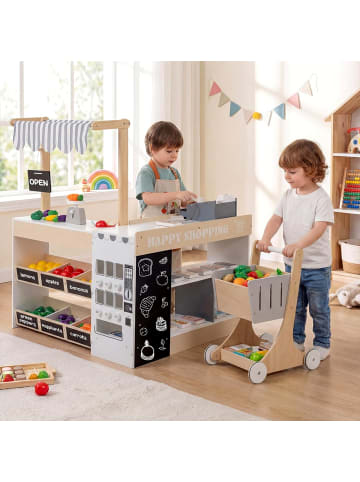 COSTWAY Kinder Kaufladen mit Einkaufswagen ab 3 Jahren in Hellbraun