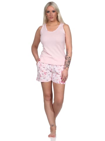 NORMANN Ärmelloser Achsel Shorty Pyjama Schlafanzug Spitzenbesatz in rosa
