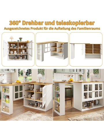 ABRIHOME Drehbare Essbar in Weiß mit Snackregal 5 Ablageflächen und Glasvitrine