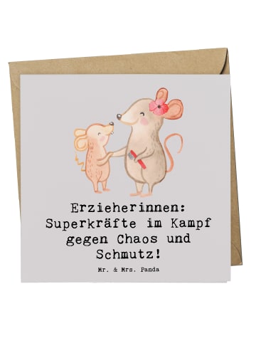 Mr. & Mrs. Panda Doppelkarte Superheldin Erzieherin mit Spruch in Grau Pastell