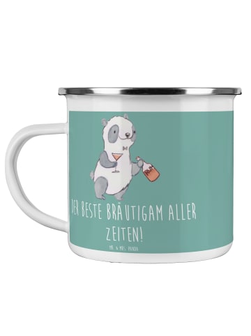Mr. & Mrs. Panda Camping Emaille Tasse Bester Bräutigam mit Spruch in Meeresbrise