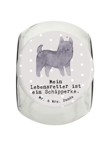 Mr. & Mrs. Panda Leckerli Glas Schipperke Lebensretter mit Spruch in Grau Pastell