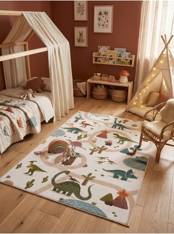 KADIMA DESIGN Kinderteppich Dinosaurier-Landschaft Waschbar TINO OEKO-TEX in Creme