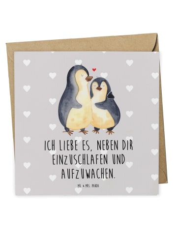 Mr. & Mrs. Panda Glückwunschkarte Pinguine Einschlafen mit Spruch in Grau Pastell
