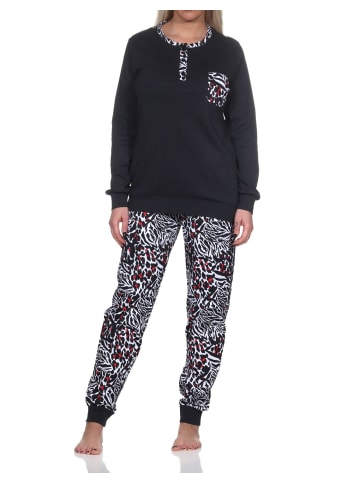 NORMANN Kuschel interlock Schlafanzug langarm Bündchen Animalprint - 81910 in schwarz