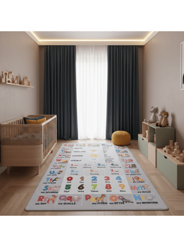 KADIMA DESIGN Kinderteppich Waschbar Alphabet-Zahlen-Tiere TRAUN Strapazierfähig