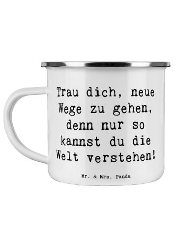 Mr. & Mrs. Panda Emaille Tasse Spruch Unbekannte Orte erkunden m... in Weiß