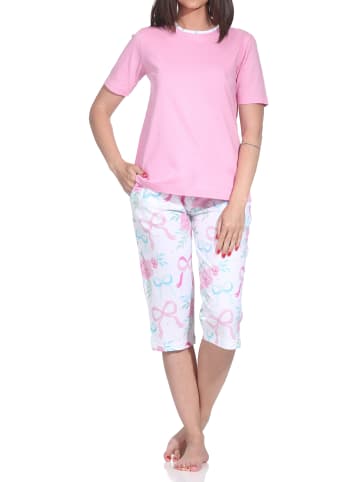 NORMANN Schlafanzug kurzarm Caprihose Pyjama Schleifen Motiv in pink