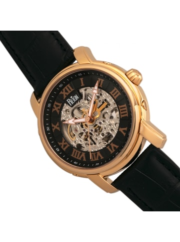 Reign Kahn Automatikuhr mit Skelett-Lederarmband in Rose Gold/Black