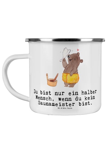 Mr. & Mrs. Panda Camping Emaille Tasse Saunameister Herz mit Spruch in Weiß