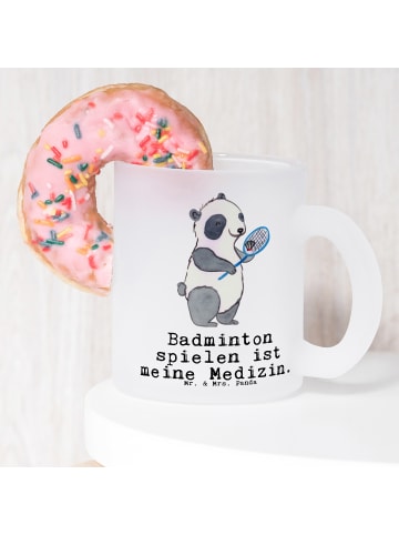 Mr. & Mrs. Panda Tasse Glas Panda Badminton mit Spruch in Transparent