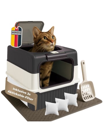 Coemo Katzentoilette geruchsneutral mit Deckel und Schublade in Schwarz