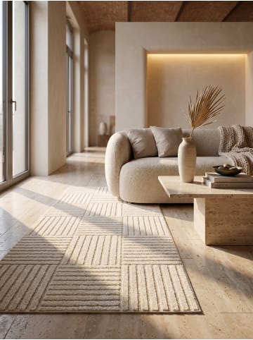 KADIMA DESIGN Hochflorteppich 3D Bögen Boho Waschbar Wohnzimmer in Creme