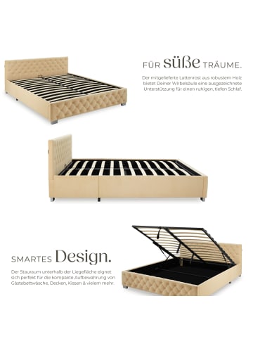 tectake Komfortbett mit LED-Leisten & Stauraum - Samtoptik mit Steppmuster
