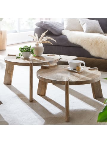 KADIMA DESIGN 2er Set Couchtische aus Mango Massivholz mit Messing Zierstreifen in Beige
