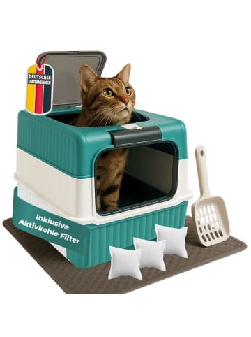 Coemo Katzentoilette geruchsneutral mit Deckel und Schublade in Türkis