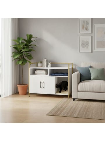relaxdays Katzenschrank in Weiß/ Gold - (B)90 x (H)74 x (T)45 cm